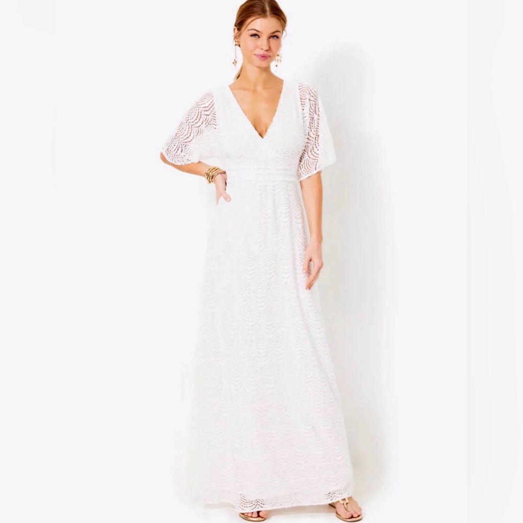 Lilly Pulitzer Nwt Parigi Maxi Dress White Scalloped Shell Lace Size L,Xl